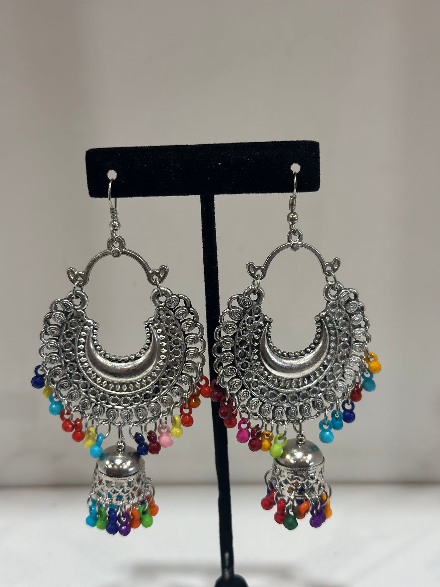 Traditional oxidized silver Earrings with multi-colored beads