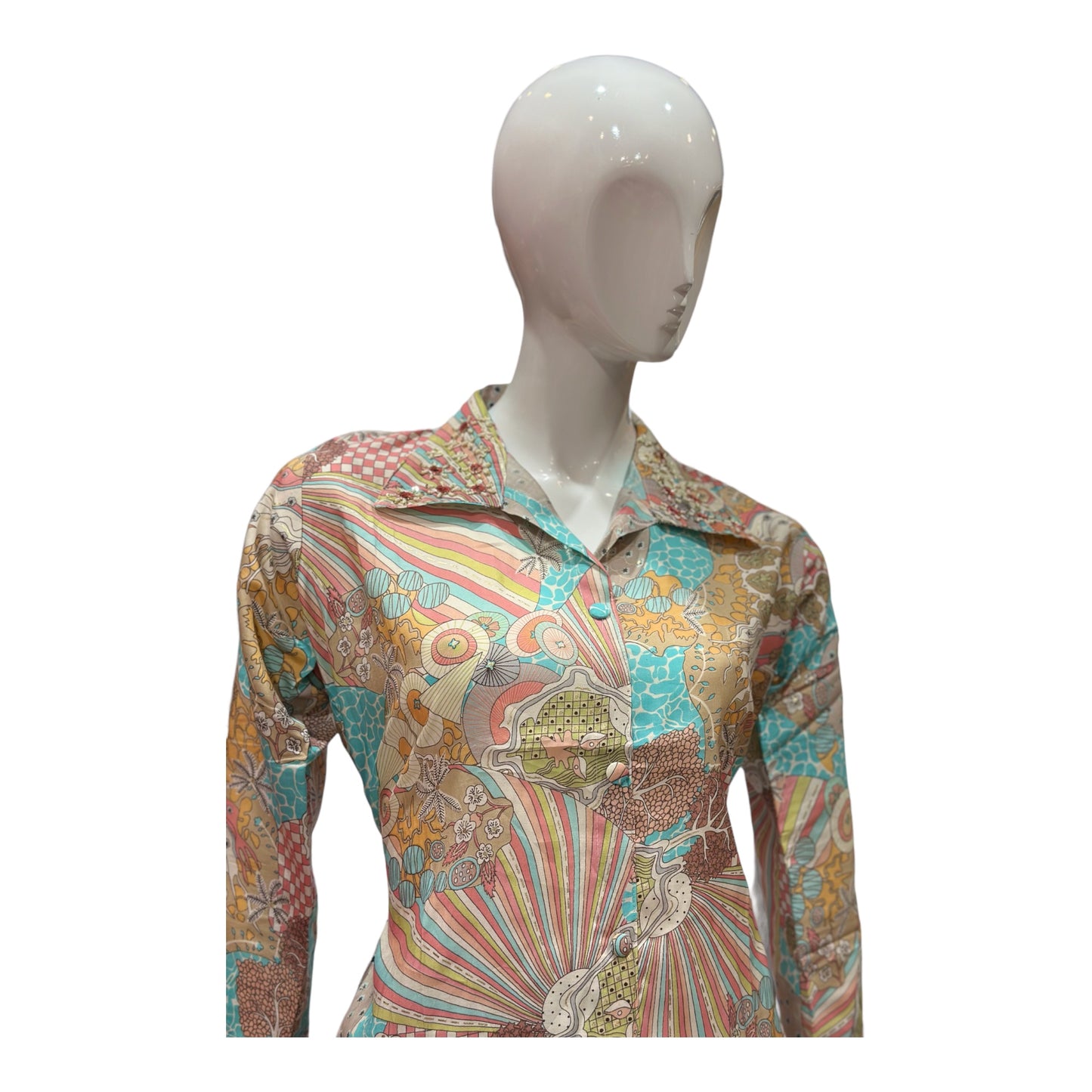 Women Abstract print 2 pc coord set with hand emroidery on the collar and front buttons.