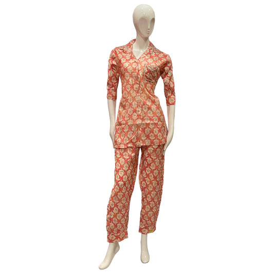 Women 2 pc coord Set with Pakistani Salwar and Kurta Style top, Front Pocket with Cut Dana, Hand Embroidery. Peach