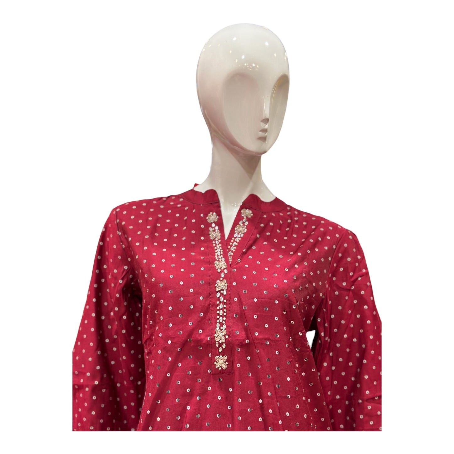 Women 2 pcs coord set with pants and band neck with cut dana hand embroidery.