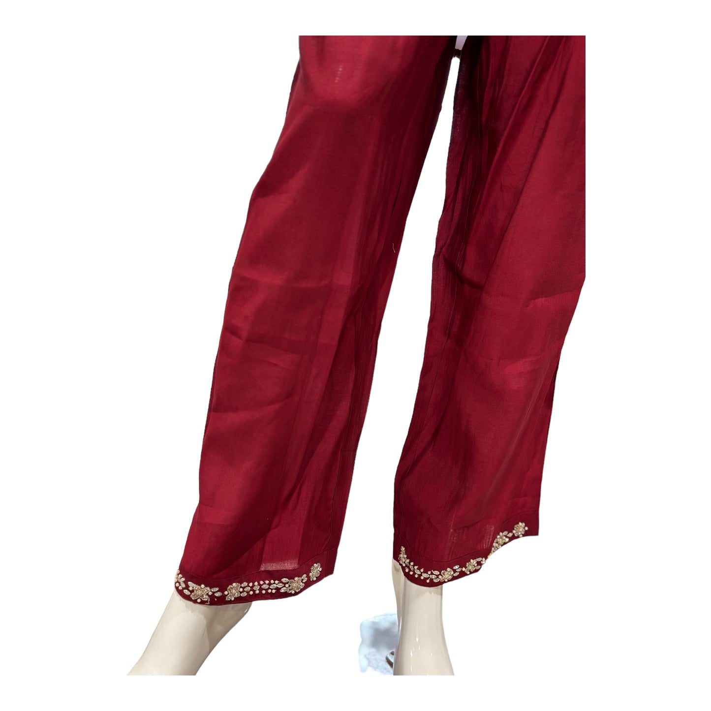 Women 2 pcs coord set with pants and band neck with cut dana hand embroidery.