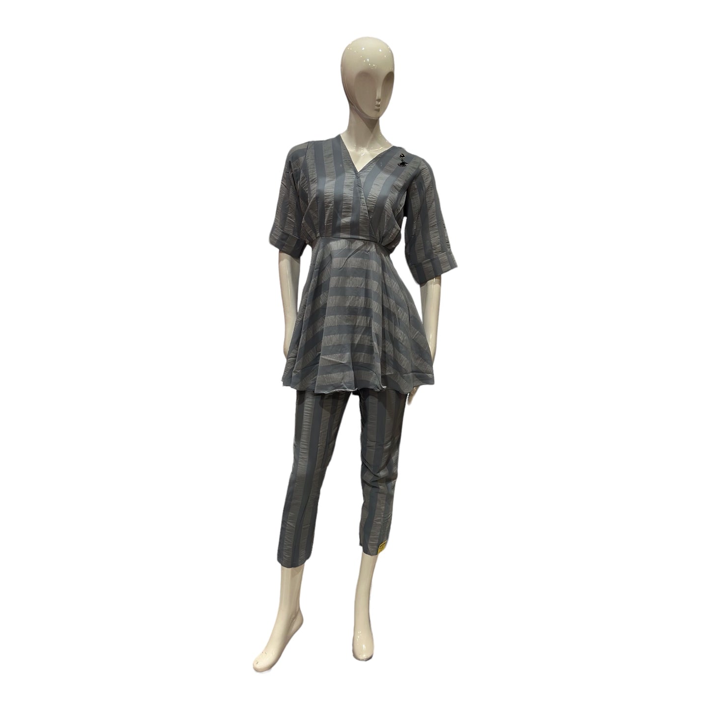 Women 2 pc coord set with pants, frock style coord set in stripe pattern.