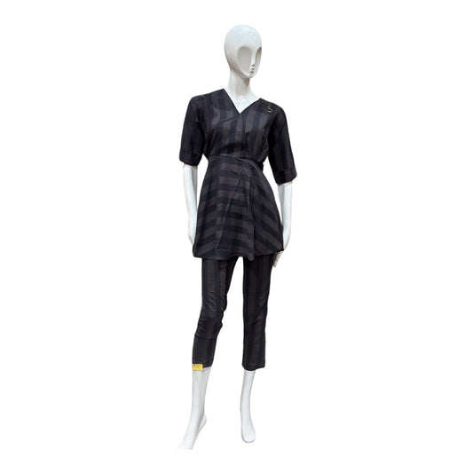 Women 2 pc coord set with pants, frock style coord set in stripe pattern.