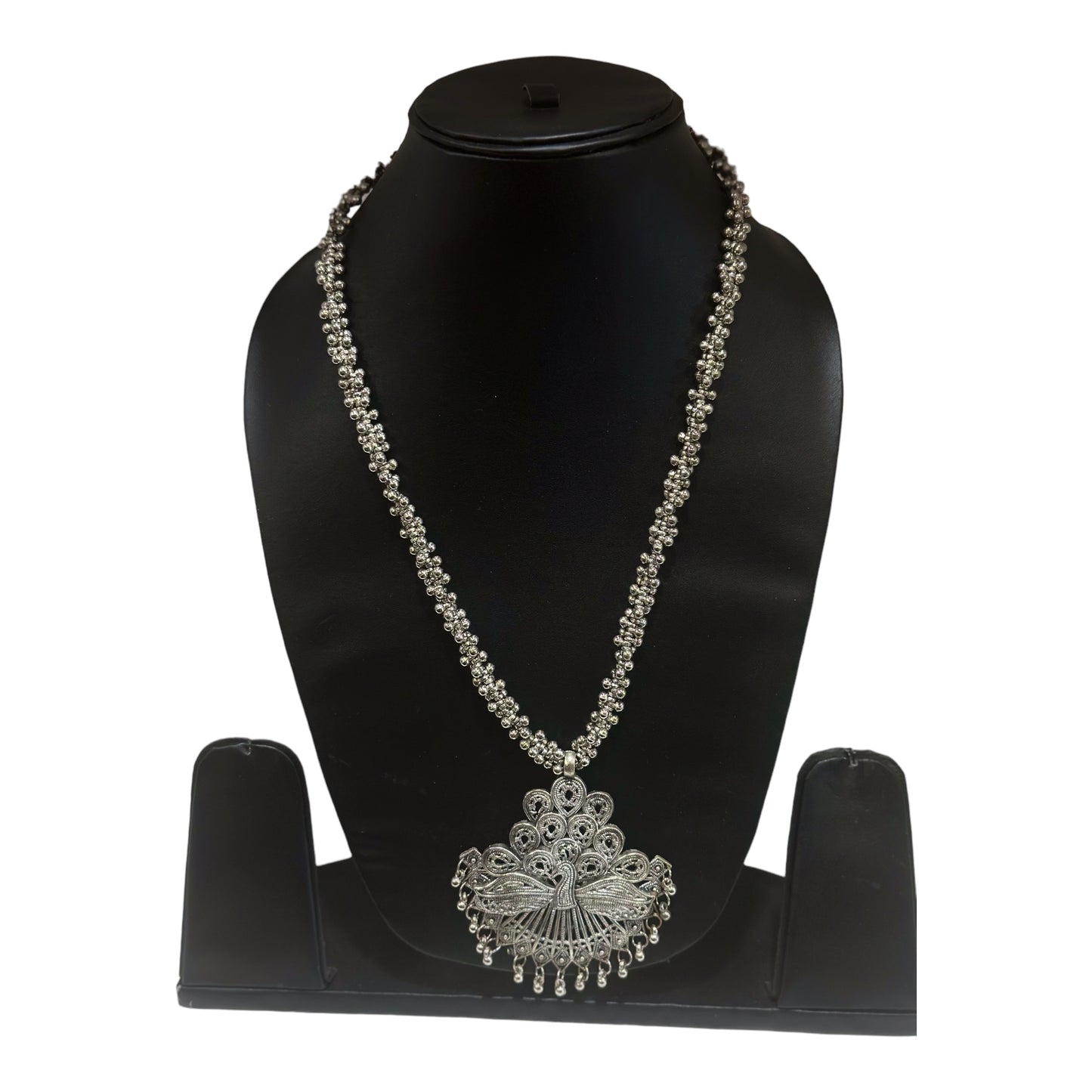 Traditional Indian long silver oxidized necklace with earings and Bracelete. Brass Beaded Rani Haar.