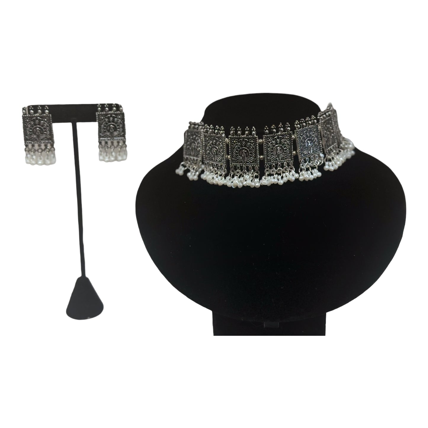 Traditional silver oxidized choker jewelry set