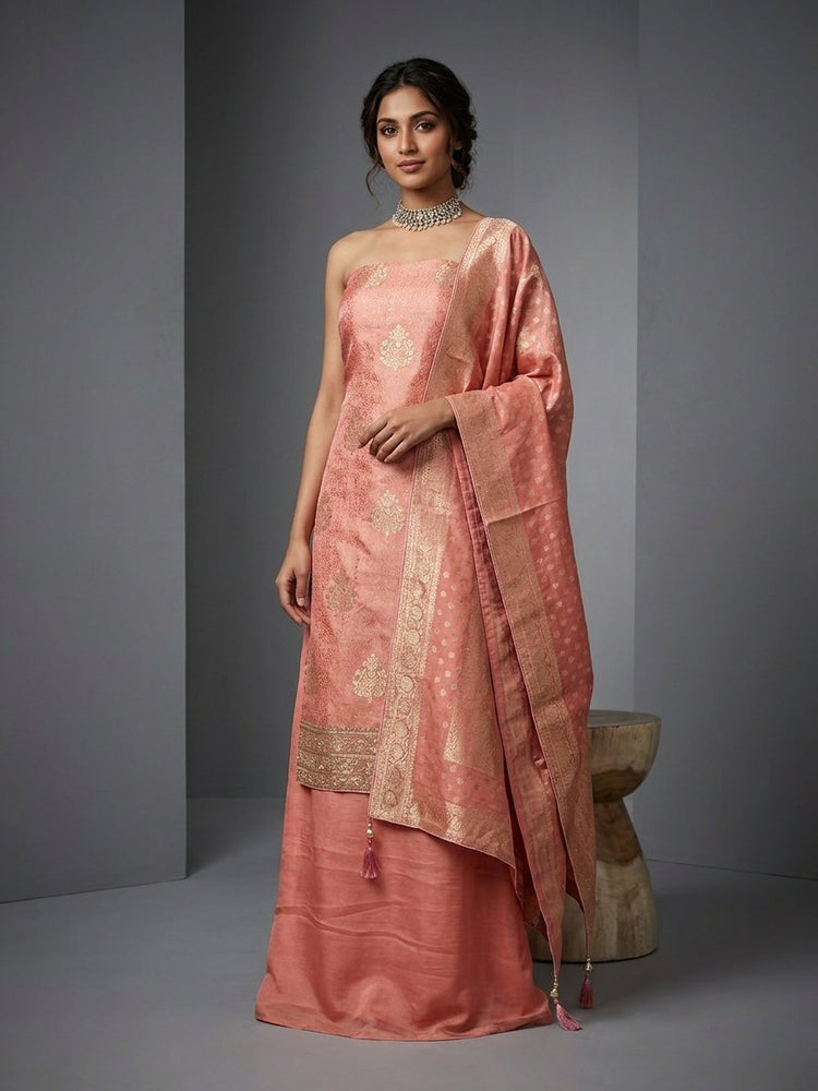 Peach Banarasi unstitched suit 300313