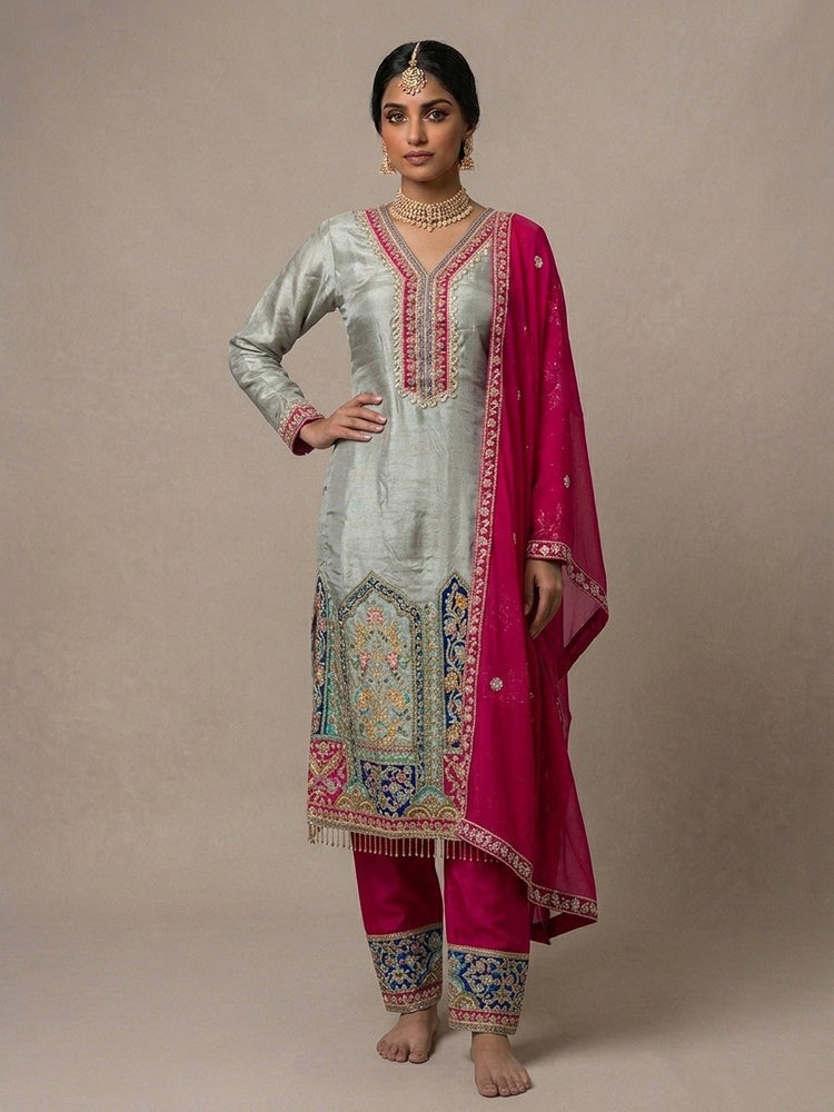 Gray suit with megenta pants and dupatta with full handwork 400408