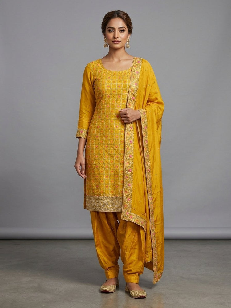 Yellow Banarasi unstitched suit with work 300305