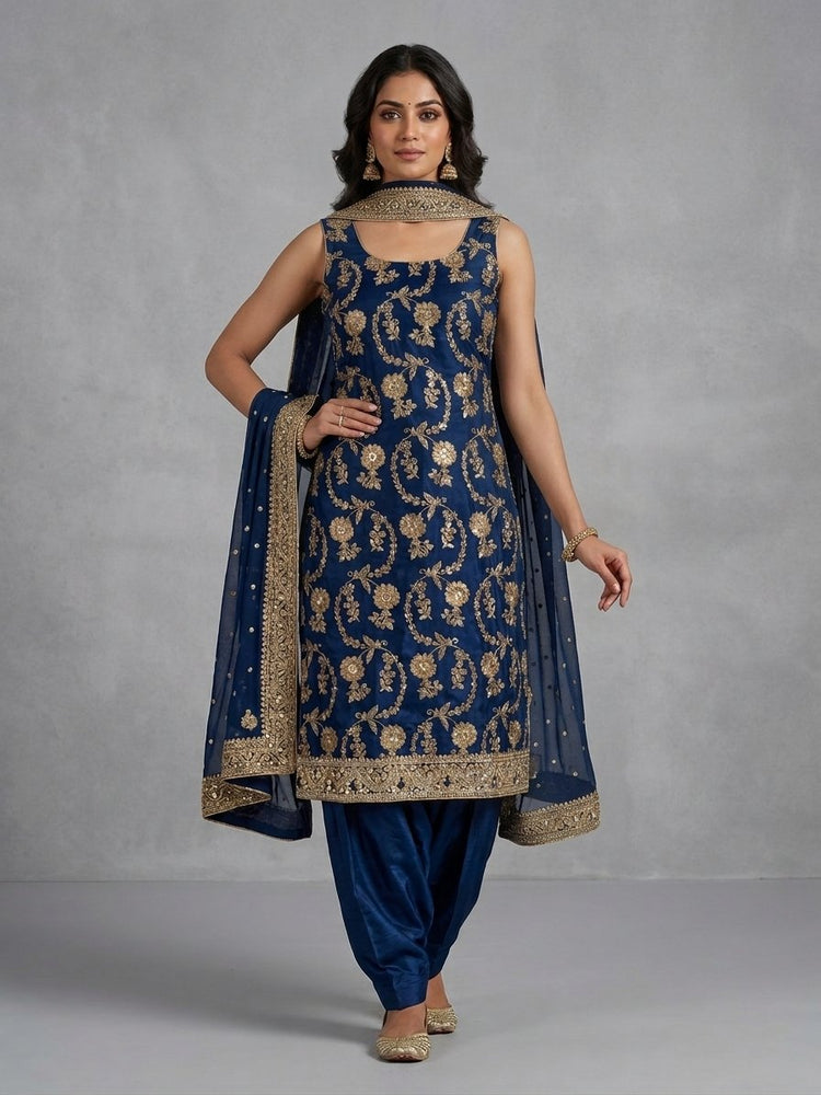 Navy blue Banarasi unstitched suit with gold handwork 300307