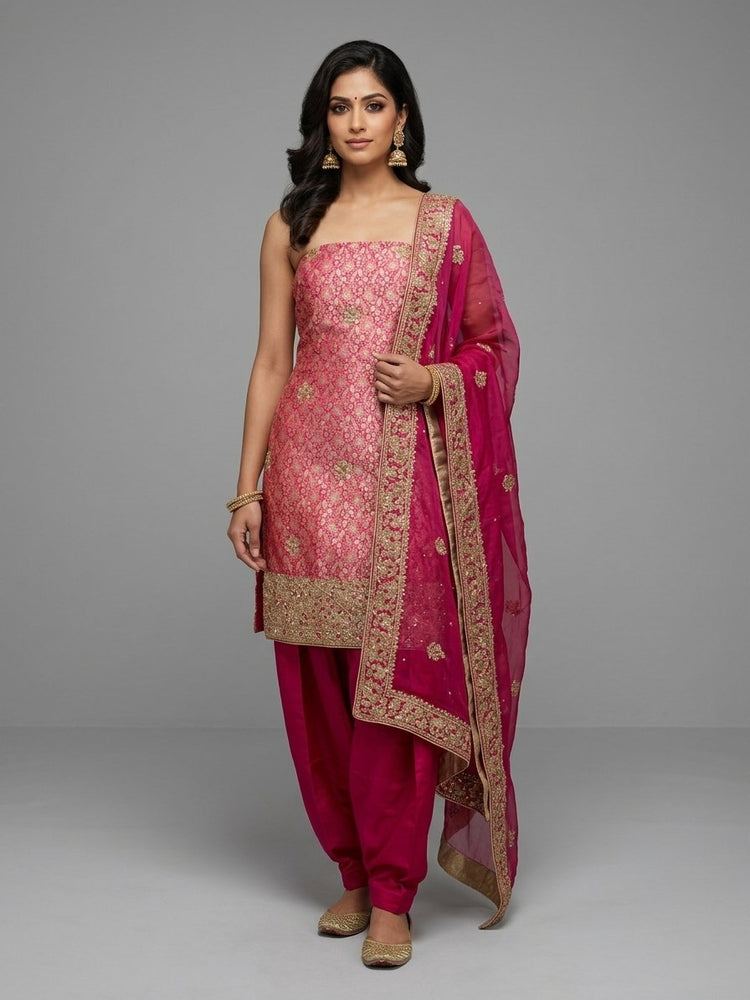 Pink brocade unstitched suit with handwork 300308
