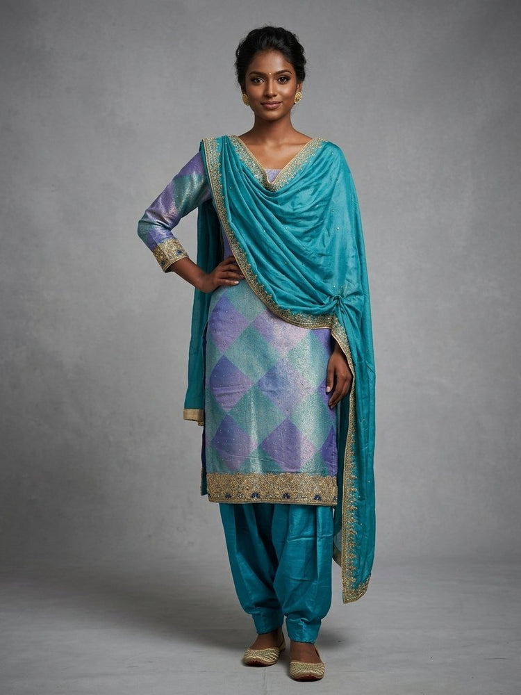 Elegant brocade pattern peacock blue shaded suit 300310