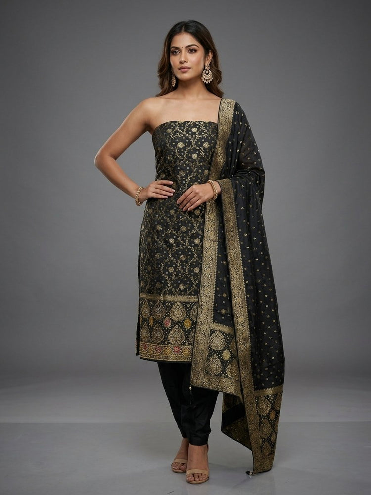 Black Banarasi silk unstitched suit 300309