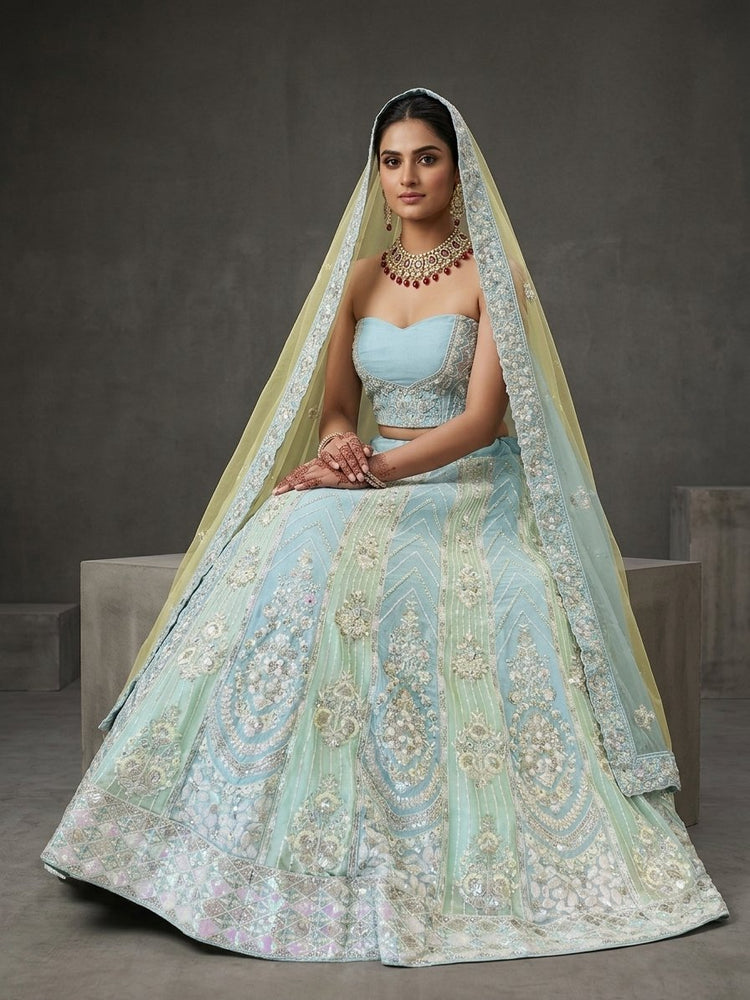 Light blue and green lehanga with handwork 900914