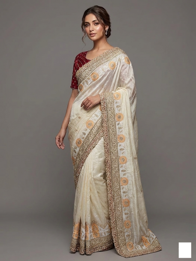 Cream white colour Banarasi saare 100102