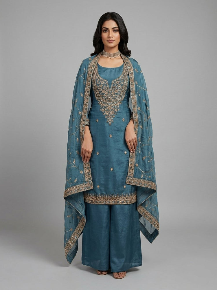 Teal blue unstitched suit 300314