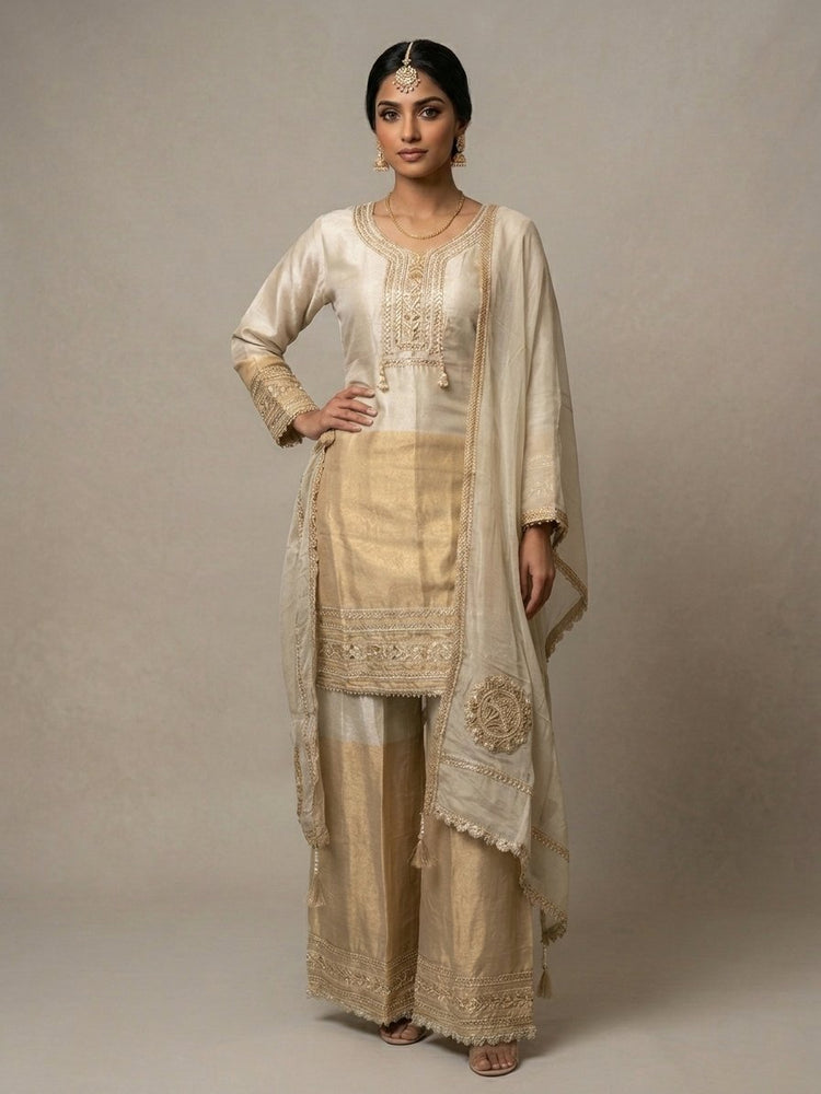 Metallic shimmer ombré gold designer readymade suit 400405